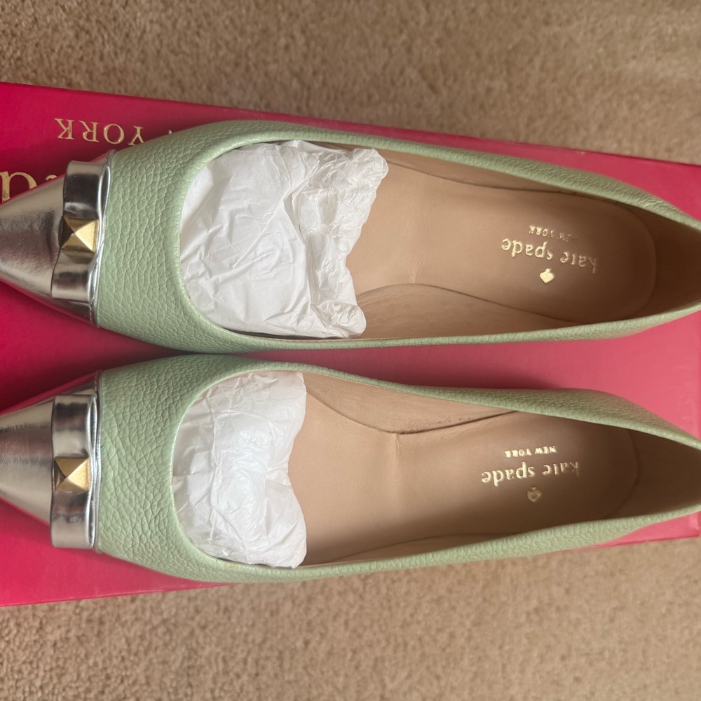 kate spade Mint Green Leather Flats with Silver Metallic Cap